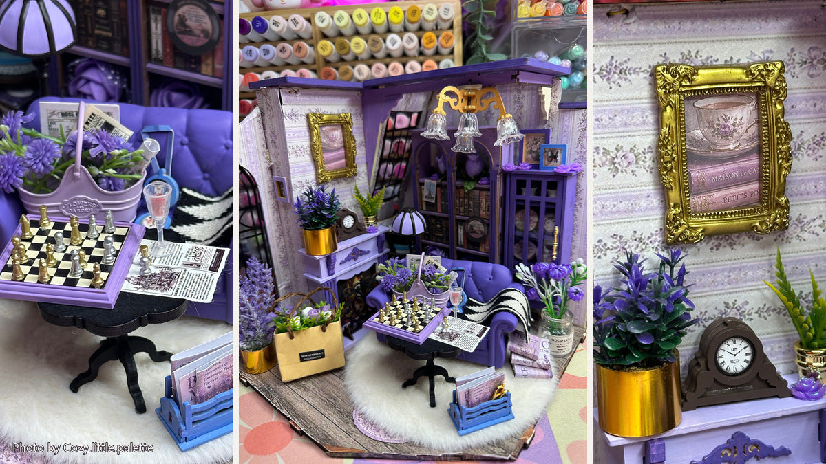 Cozy.little.palette’s lavender customization of Rolife Catherine’s Living Room with chess table and fireplace details
