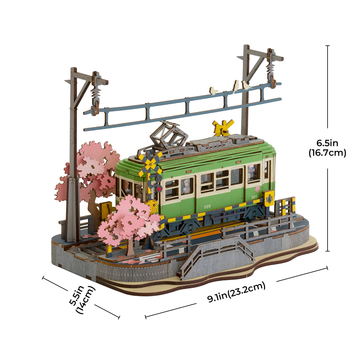 Rolife Sakura Journey tram diorama dimension diagram showing 9.1 by 5.5 by 6.5 inch measurements on white background