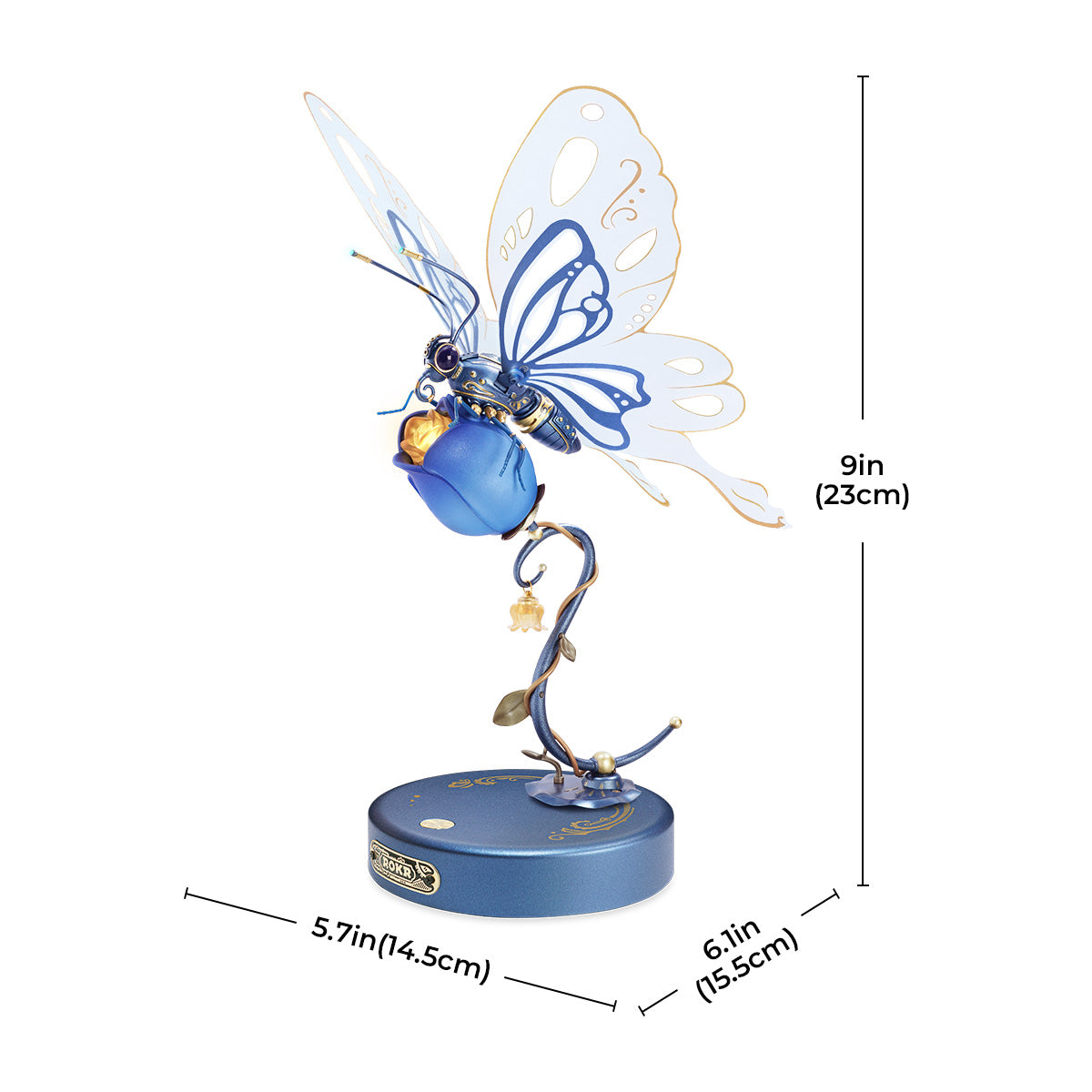 ROKR Butterfly mechanical puzzle blue variant with dimension callouts showing 9in tall, dark navy base and blue