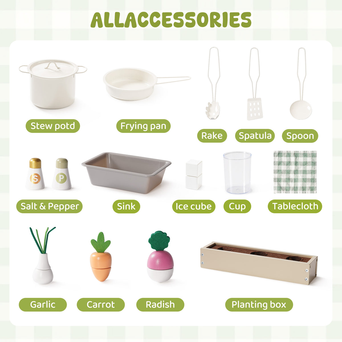 All accessories for the ROBUD green wooden play kitchen: stew pot, frying pan, spatula, spoon, vegetables, and planting box.