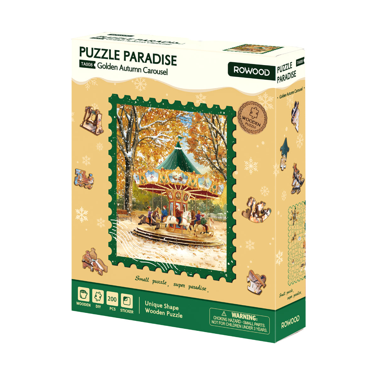 Rowood Golden Autumn Carousel Wooden Jigsaw Puzzle 3D wooden vehicle puzzle, styled lifestyle scene with model assembled
