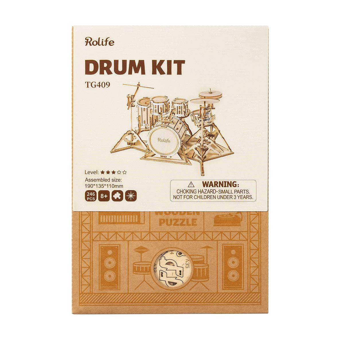 Rolife Drum Kit TG409 retail box with amber cover showing product illustration and difficulty level