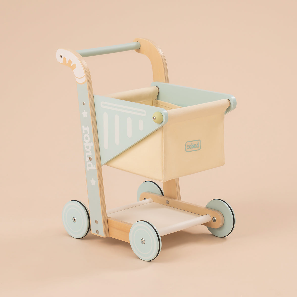 ROBUD wooden baby push walker WRP02 front view with canvas storage bag, horizontal bar and four mint green wheels