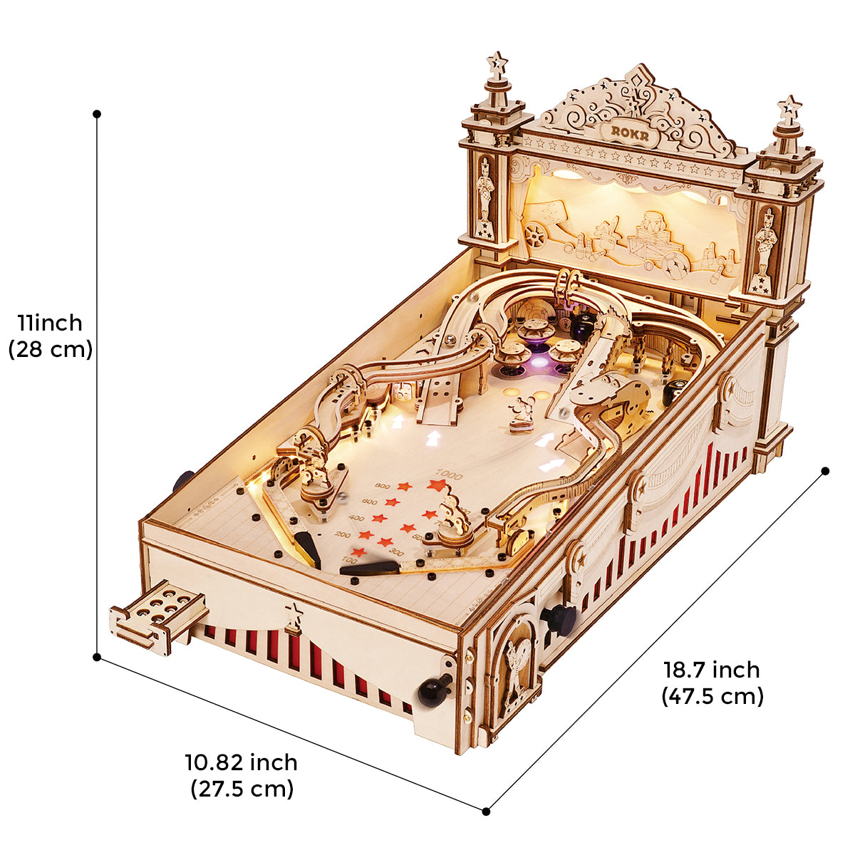 ROKR 3D Pinball Machine outline diagram with dimensions 18.7 by 10.82 by 11 inches labeled on white background