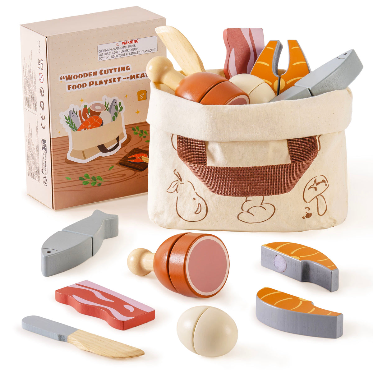 ROBUD wooden cutting meat food playset with packaging box and canvas tote bag displaying chicken leg, salmon, fish, egg, bacon, and wooden knife pieces