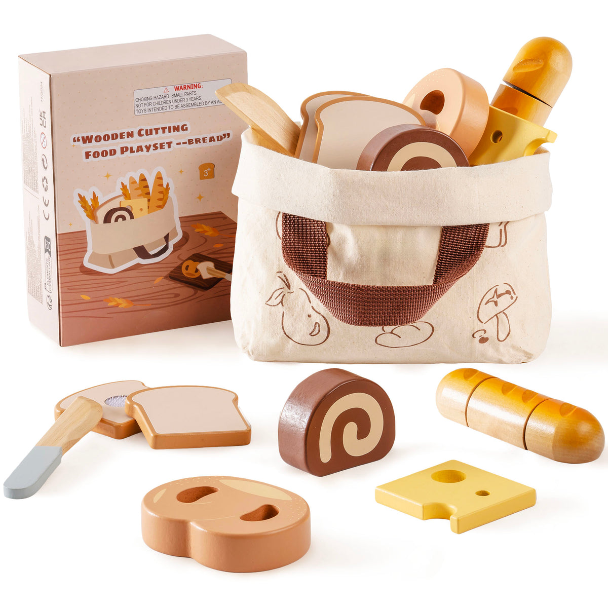 ROBUD wooden cutting dessert food playset box alongside canvas tote bag with baguette, swiss roll, cheese, pretzel, and toast pieces spread around
