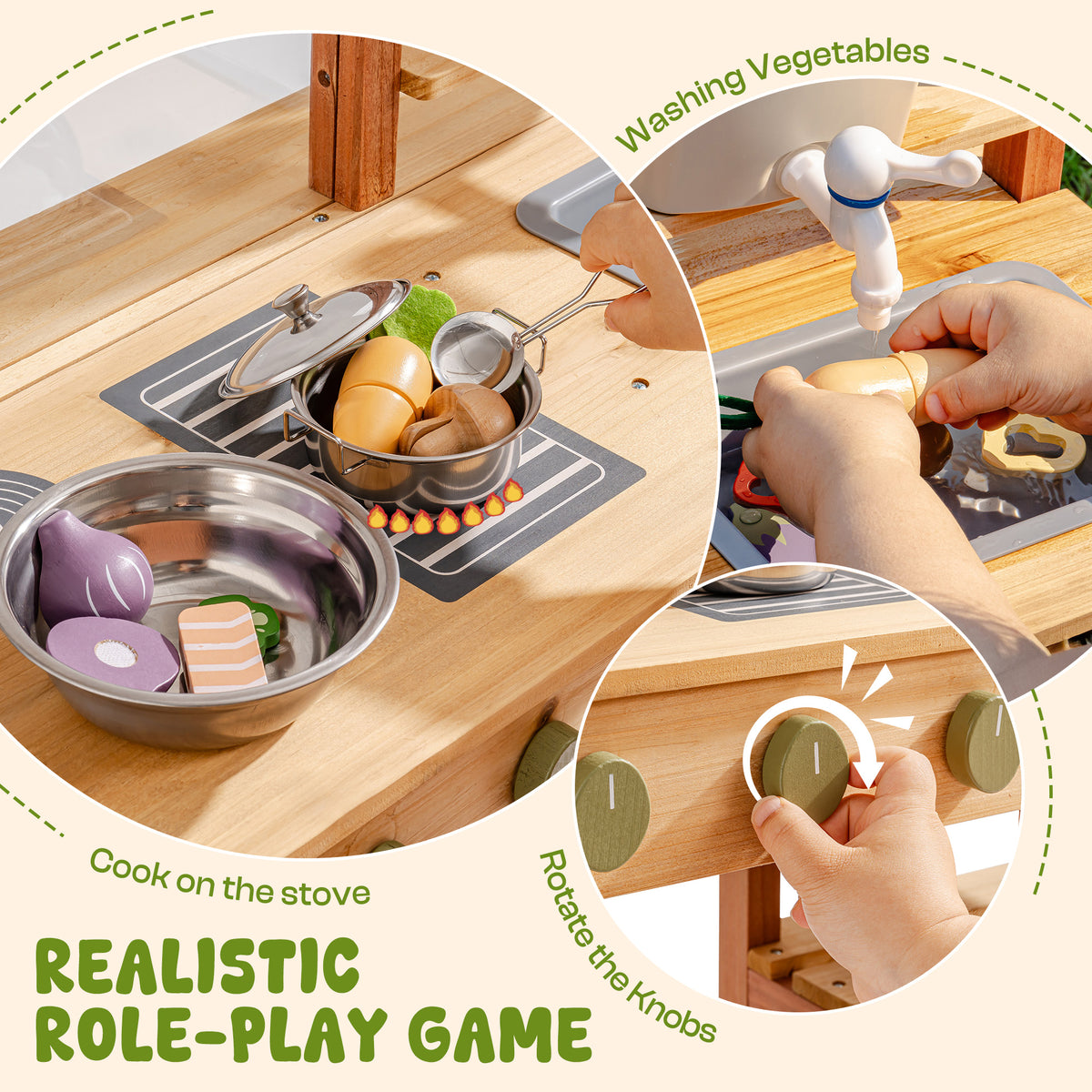 ROBUD outdoor wooden mud kitchen stove close-up with child hands using realistic faucet and sink beside bowls of pretend food in a role-play scene
