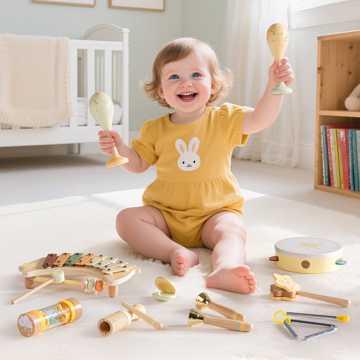 Smiling baby in yellow outfit playing with ROBUD Moonlight Music Set wooden instruments spread across a white nursery floor