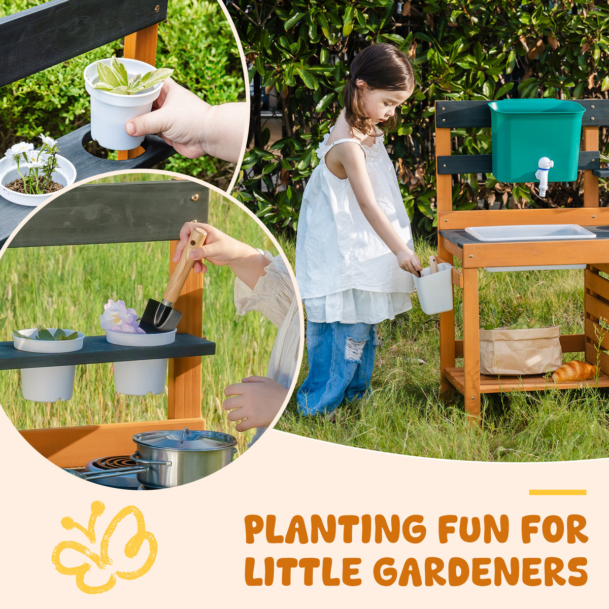 ROBUD Outdoor Mud Kitchen planting fun lifestyle with girl using the outdoor kitchen station while watering small garden plants in backyard setting