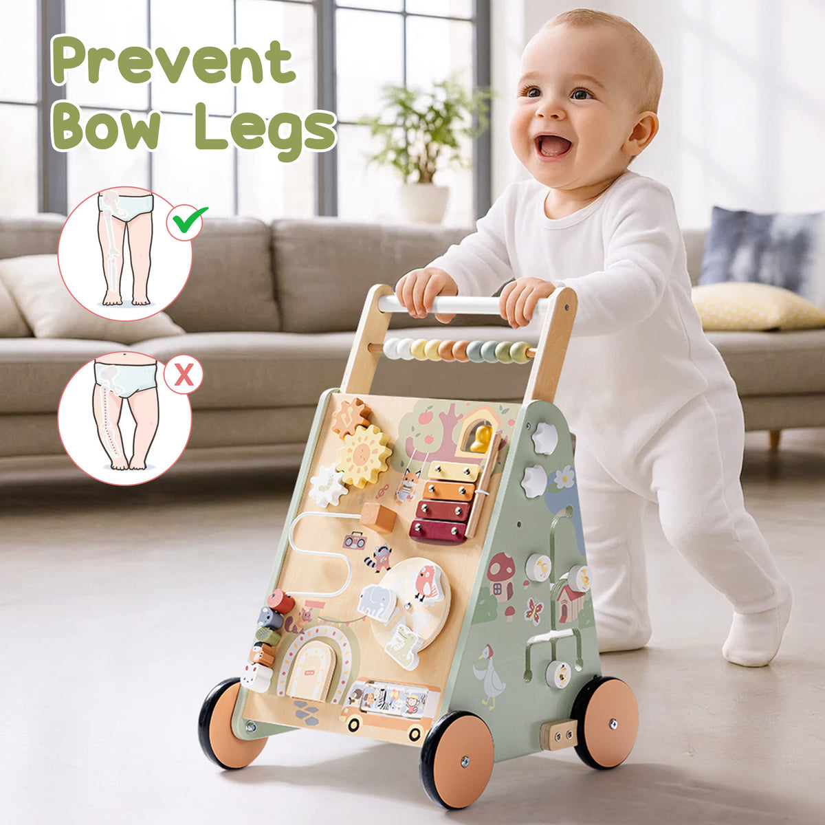 ROBUD Forest Fairy Baby Push Walker bow-leg prevention feature with baby using the sage green fairy-themed wooden activity walker on hardwood floor