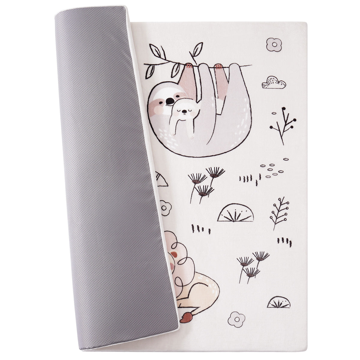 ROBUD baby play mat rolled up on one edge showing the sloth and lion print on the white side and grey mesh backing, neutral white background product view