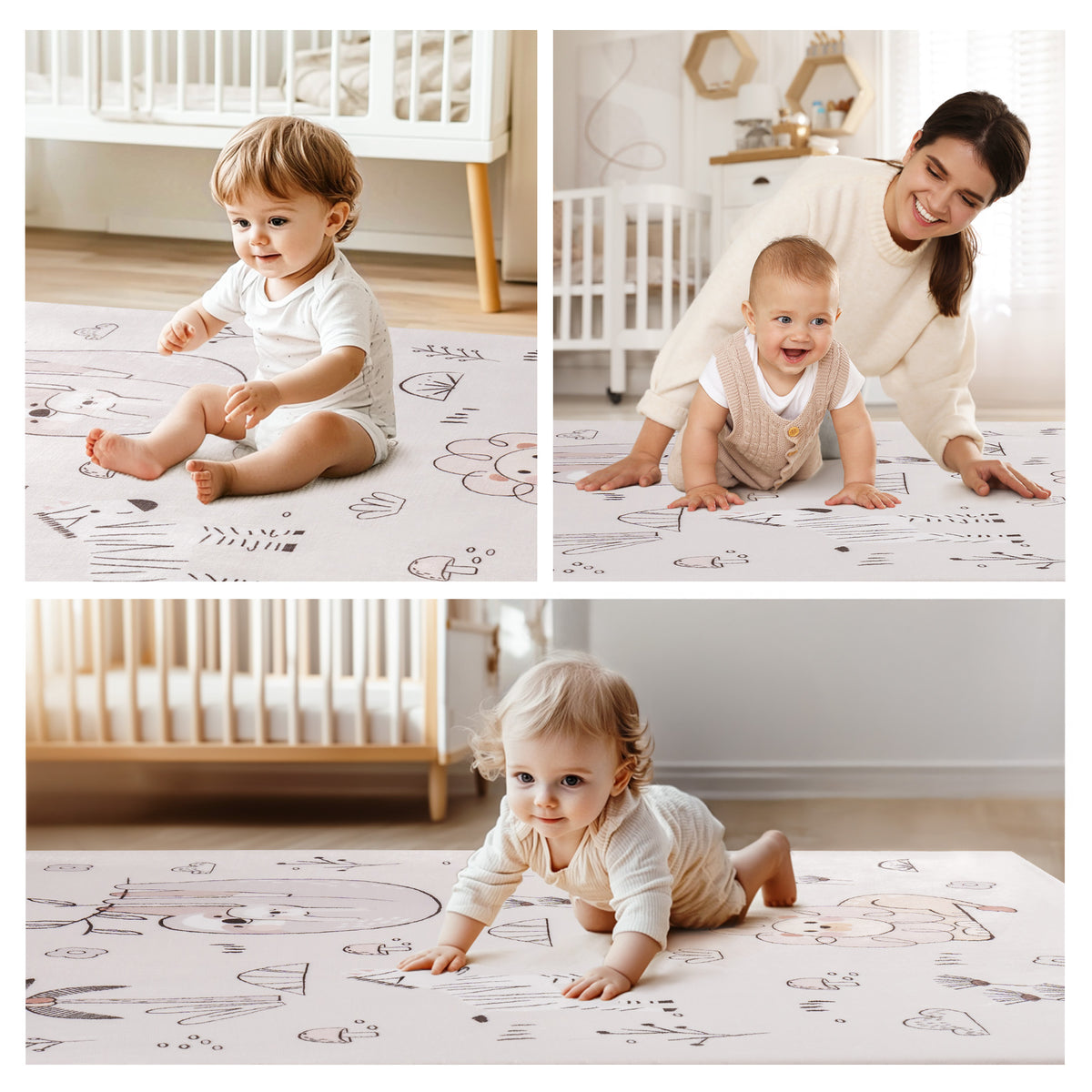 ROBUD baby play mat with three lifestyle scenes showing babies sitting, crawling and exploring on the white animal-print mat beside a white crib in a modern nursery
