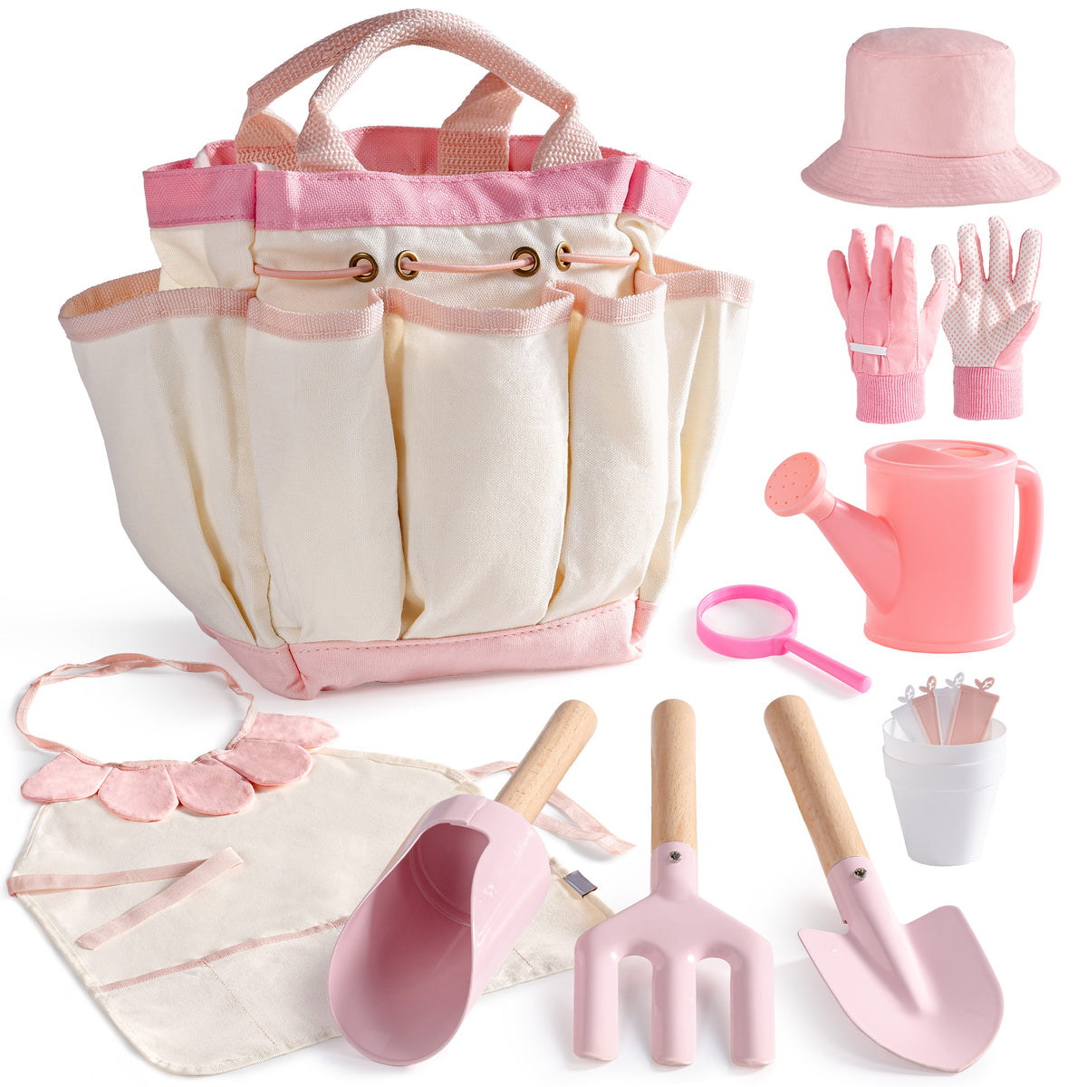 ROBUD Kids Gardening Set pink butterfly series full product view including pink tote with butterfly print, tools, watering can, apron and gloves