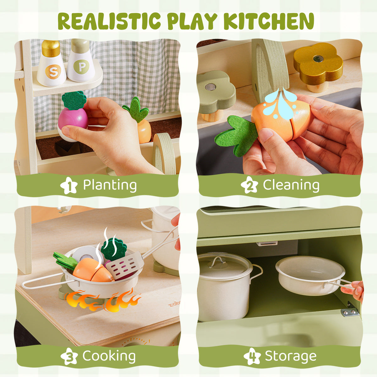 Feature quadrant for ROBUD green play kitchen: planting vegetables, sink cleaning, stovetop cooking, and lower storage.