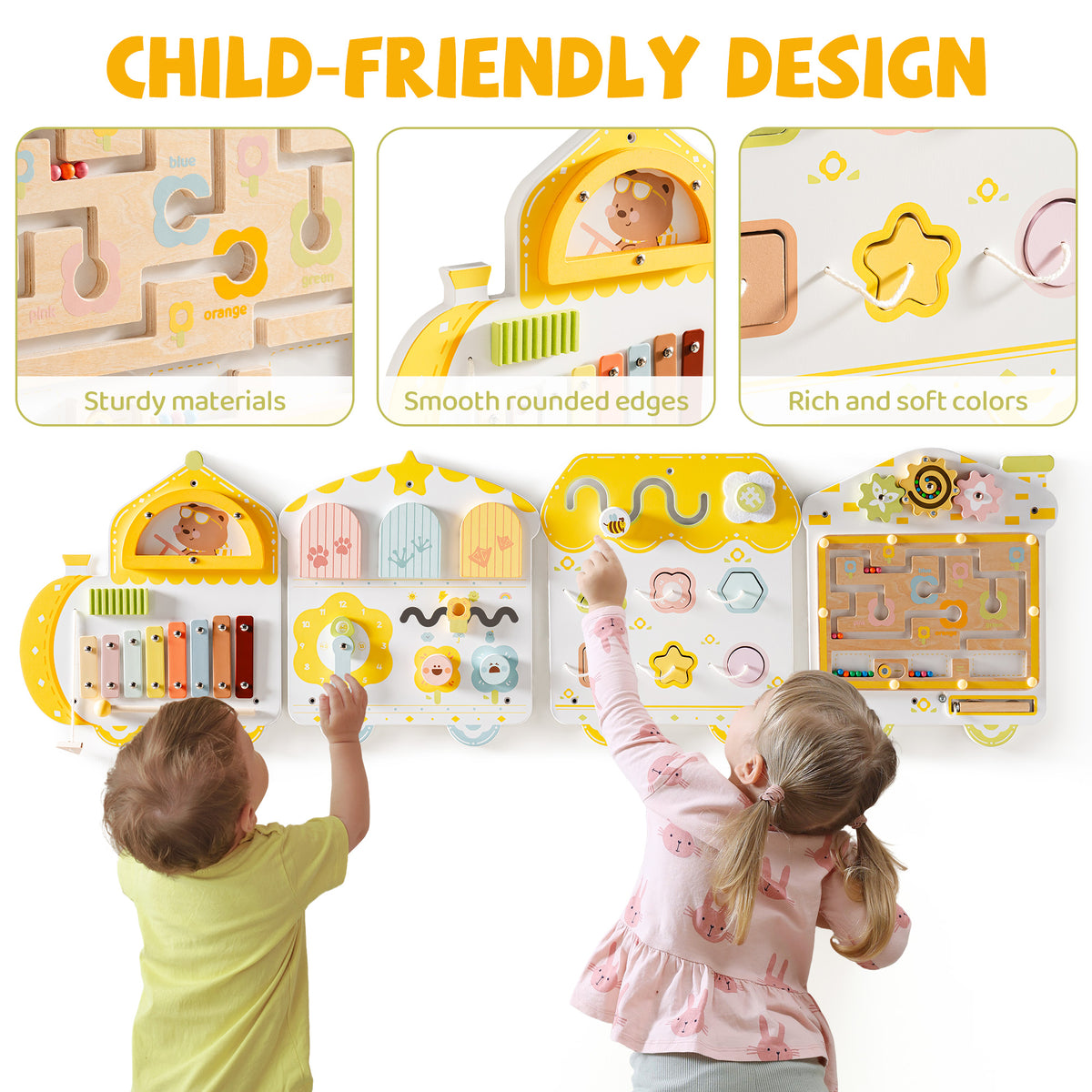 Two children explore the ROBUD yellow spring train wall busy board, with callouts for wood, rounded edges, and soft colors.