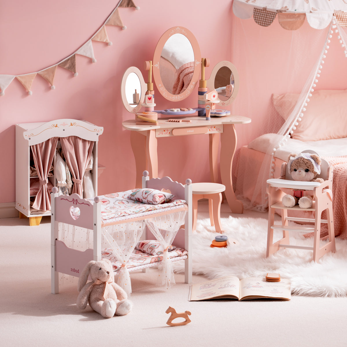 Complete ROBUD Homey Stories princess set with doll bunk bed vanity wardrobe and high chair styled in blush pink.