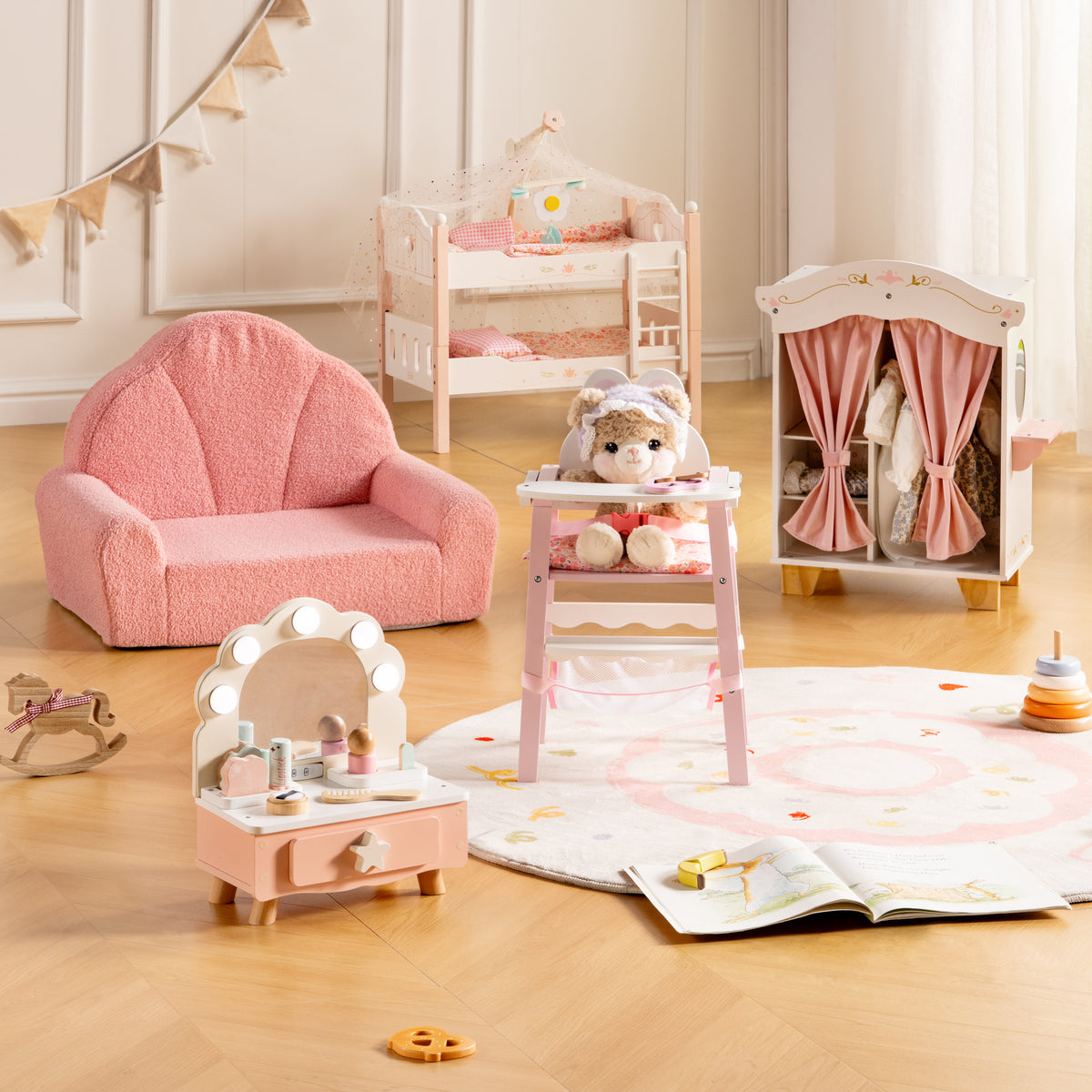 Full ROBUD Princess series scene on a pastel rug: pink sofa, bunk bed, doll wardrobe, vanity, and pink high chair.