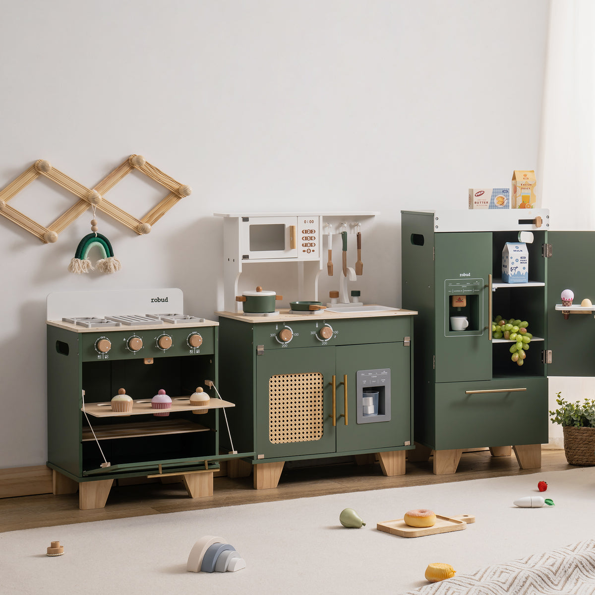 ROBUD vintage green kitchen series full room view showing stovetop, cabinet and fridge side by side.