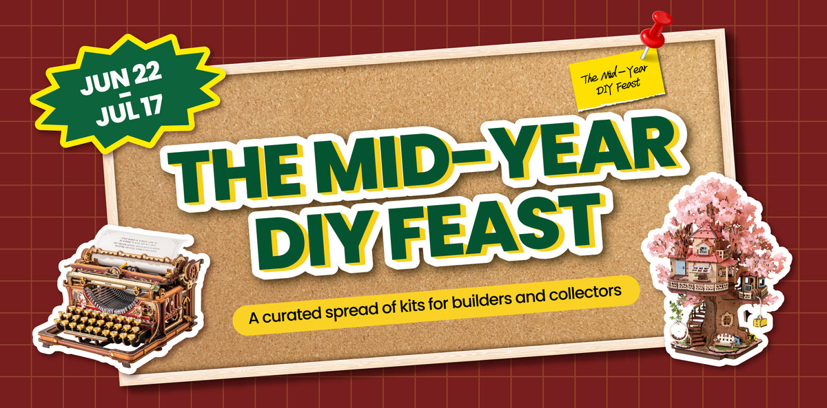 Mid-Year DIY Feast sale banner on a cork background showing two featured kits with a tagline for collectors.