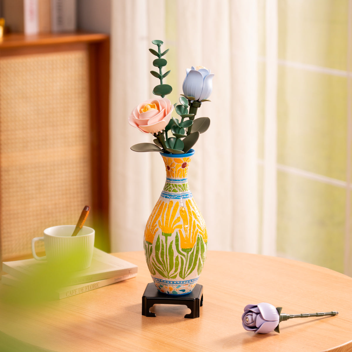ROBOTIME Puzzle Vase Summer Blossoms Sunset Mosaic 3D wooden puzzle model, angled view showing detail and craftsmanship