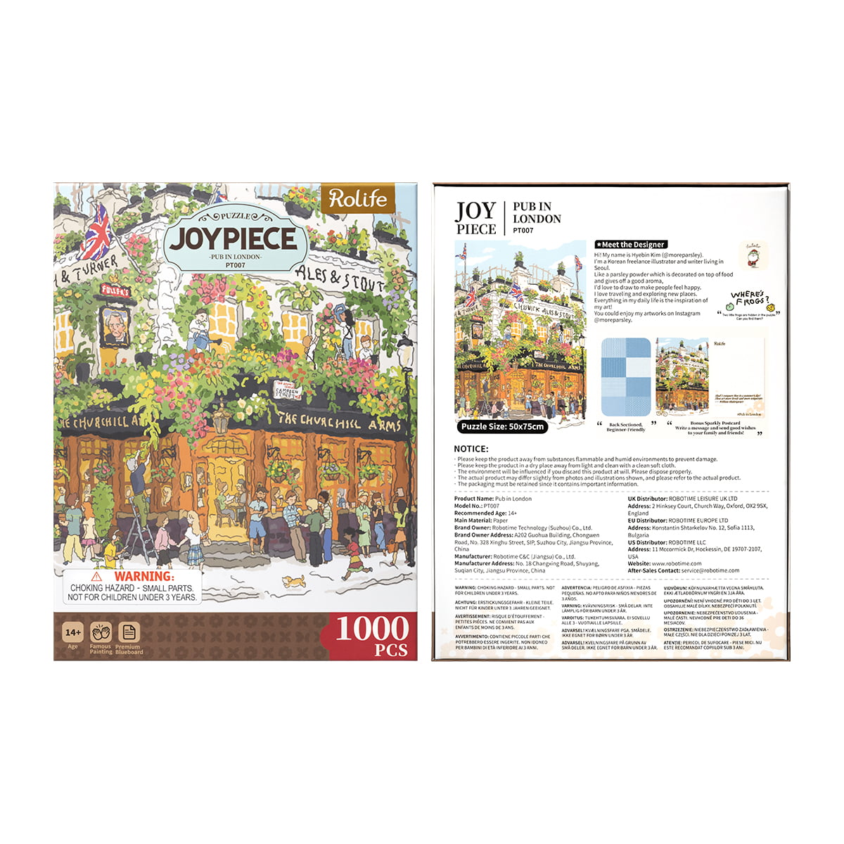 Rolife Pub in London PT007 Joypiece 1000-piece puzzle retail packaging showing illustrated English pub exterior front and back