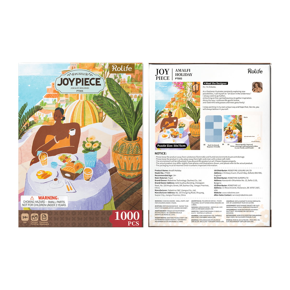 Rolife Amalfi Holiday PT005 Joypiece 1000-piece puzzle retail packaging front and back with illustrated coastal dining scene