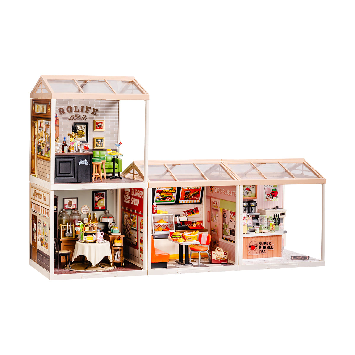 Rolife Super Creator L-shape 4-in-1 DIY miniature house set showing four rooms including bar, burger shop, bubble tea cafe, and afternoon tea room assembled together