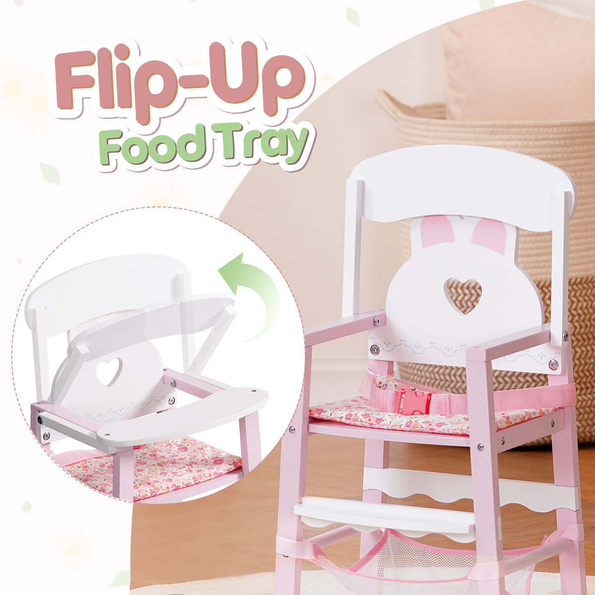 Baby doll in bear outfit seated in ROBUD pink wooden doll dining chair with food tray accessories and pink net storage below