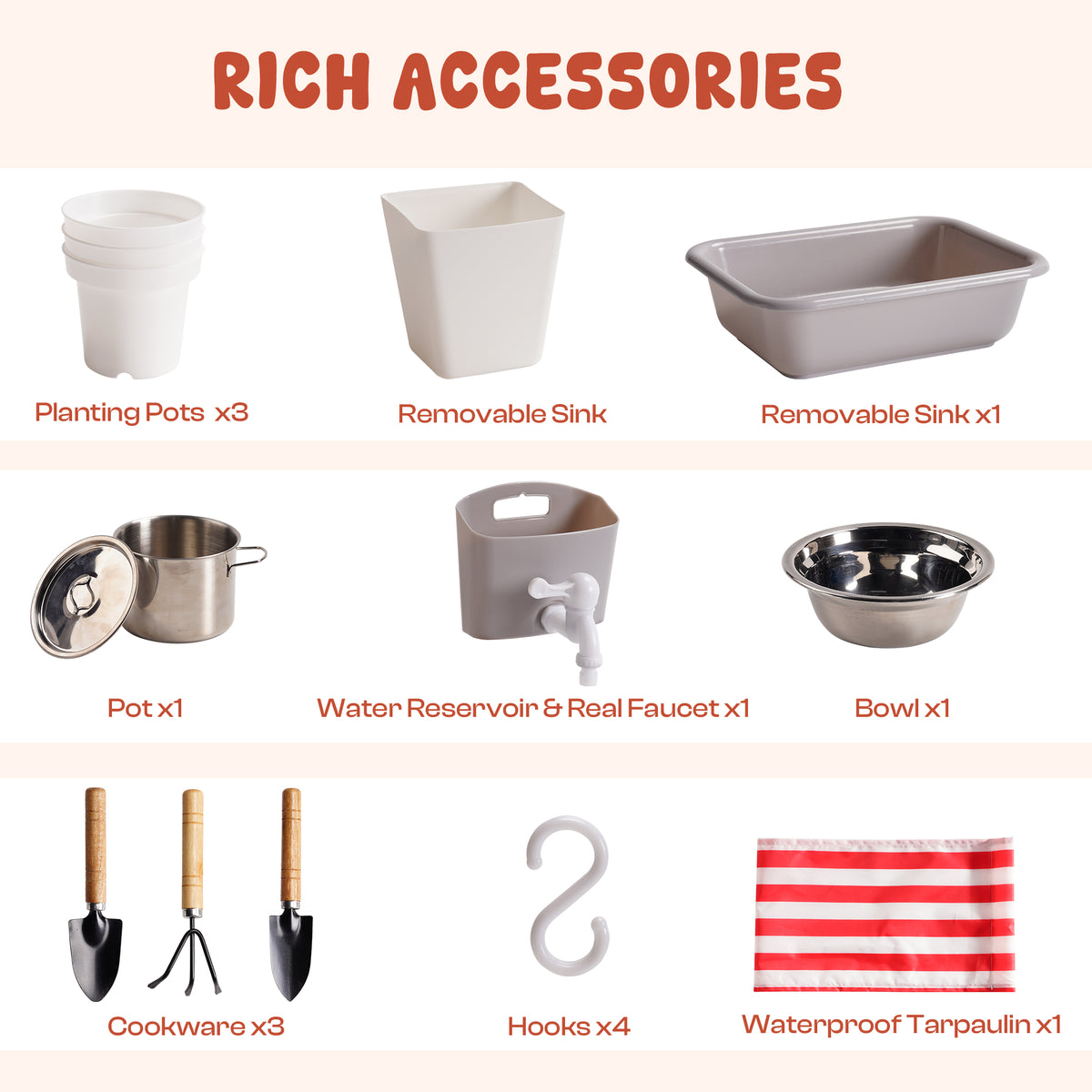 ROBUD outdoor mud kitchen accessories grid showing planting pots, removable sink, pot, water reservoir with real faucet, bowl, cookware, hooks, and waterproof tarpaulin