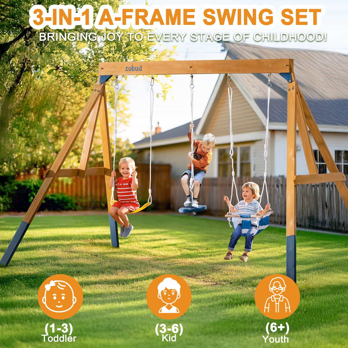 Children playing on ROBUD 3-in-1 A-frame wooden swing set with toddler, kid and youth swings in a backyard setting, supporting ages 1 through 10 plus