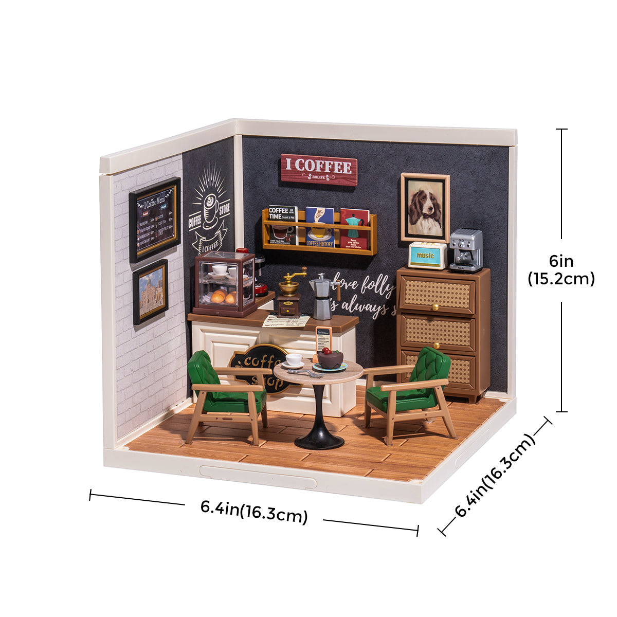 Rolife Daily Inspiration Cafe DW001 miniature with LED light on showing the warm glow over the coffee bar, bookshelf