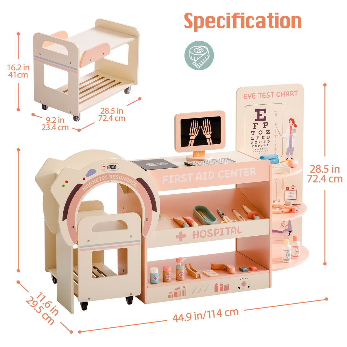 ROBUD wooden doctor activity center set specification showing hospital station, MRI scanner cart, eye test chart, and dimensions of 114cm wide