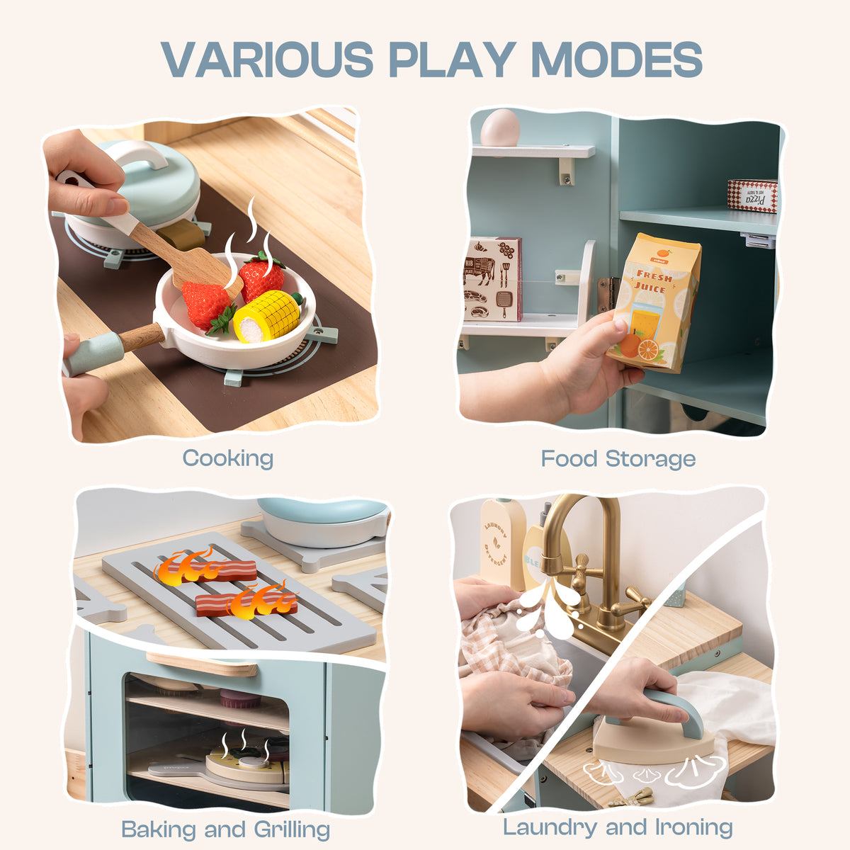 Robud green kitchen playset various play modes panel showing cooking, food storage, baking and laundry