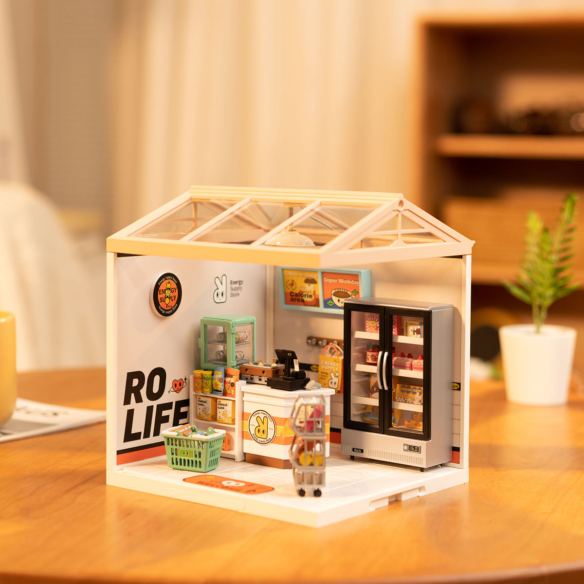 Rolife Super Creator Energy Supply Store DW002 DIY book nook miniature kit, angled three-quarter view of the build