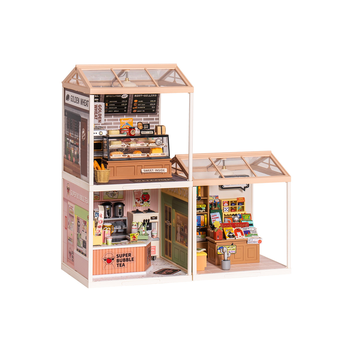 Rolife Super Creator 3 in 1 L Shape DIY miniature dollhouse kit, angled three-quarter view of the build