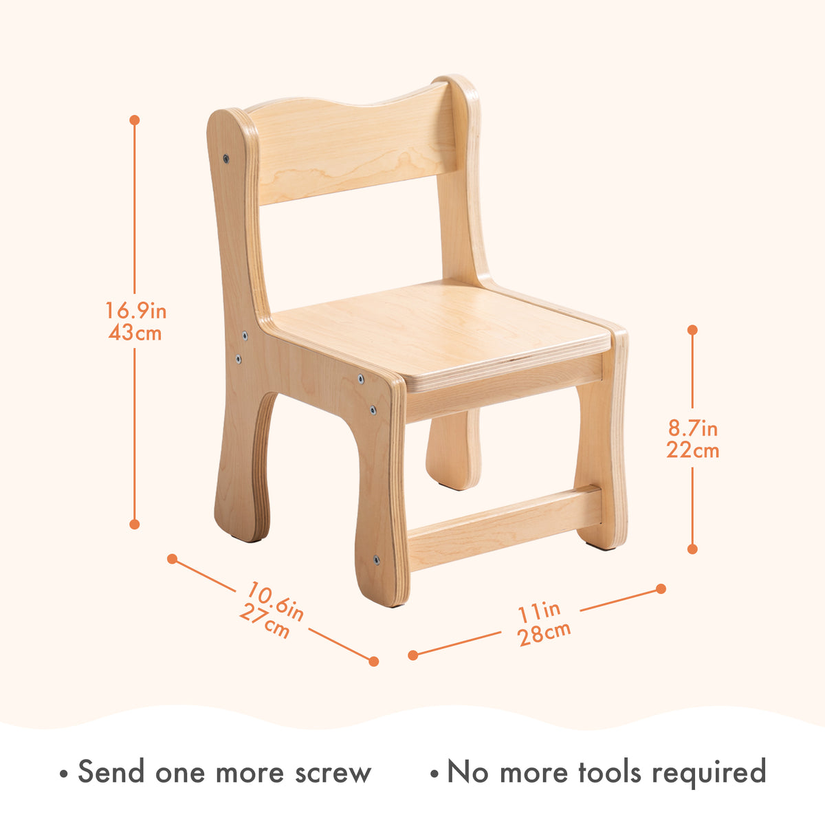 ROBUD natural birch plywood toddler chair shown with dimensions 16.9 by 11 by 10.6 inches on a peach background with no-tool assembly note