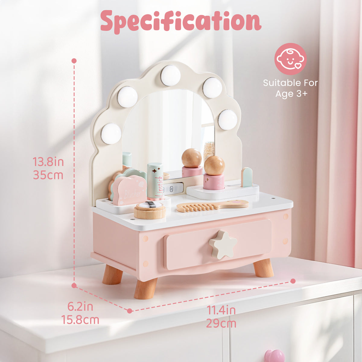 ROBUD shell-arc tabletop doll vanity specification diagram showing 13.8 in height, 11.4 in width, suitable for ages 3 and up.