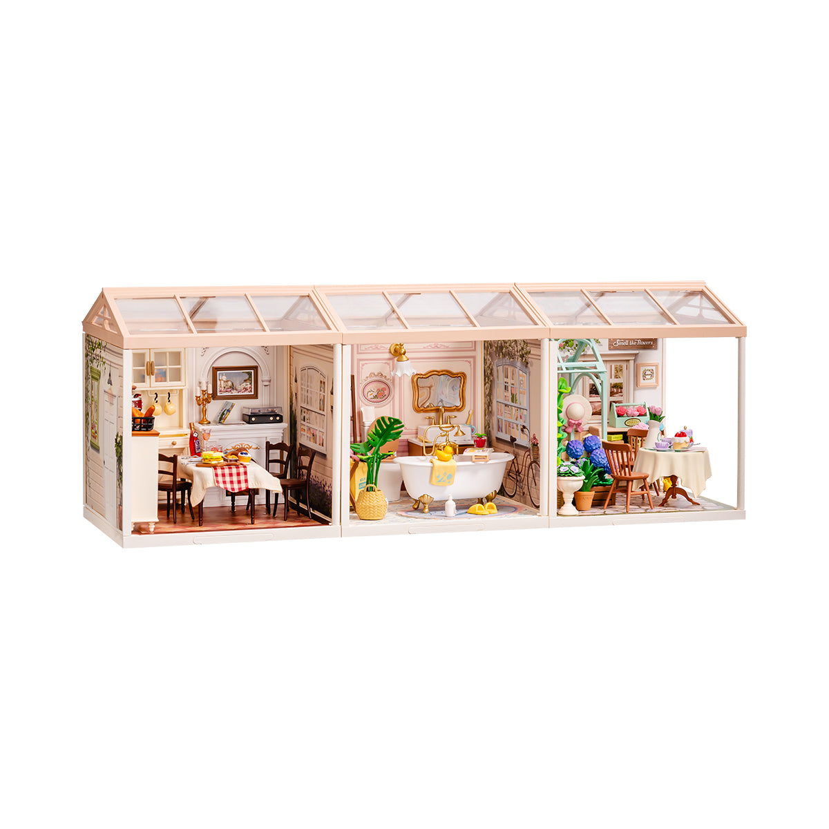 Rolife Super Creator 3 in һShape DIY miniature dollhouse kit, close-up of intricate laser-cut parts