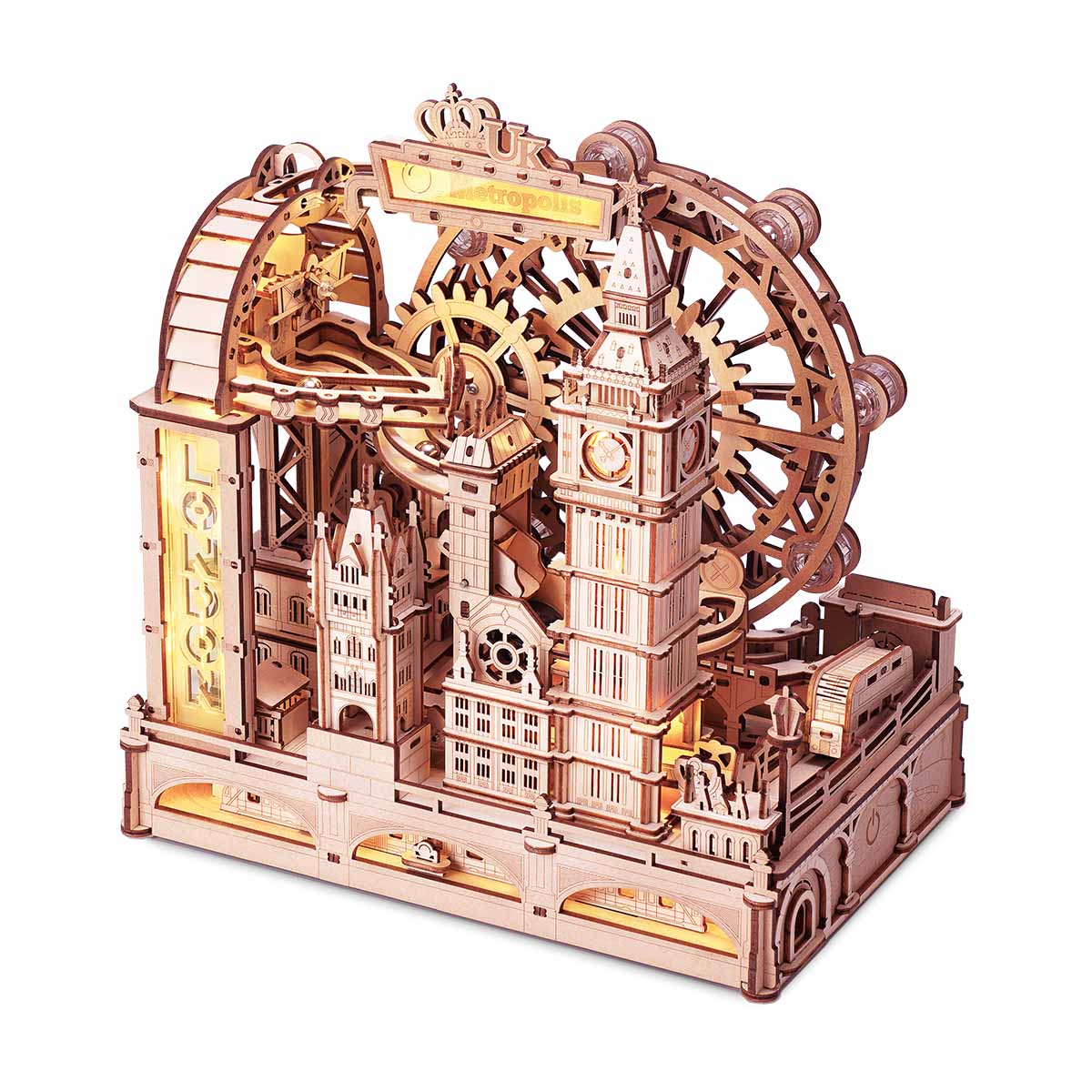 ROKR Marble Travel • London Wooden 3D wooden marble run, main hero shot EGB01