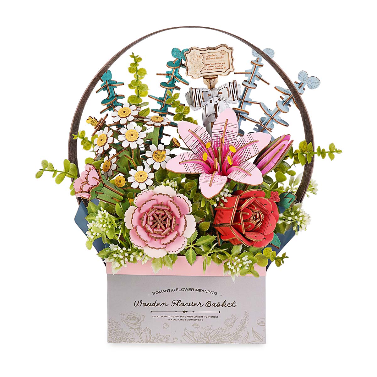 Rowood Dahlia Flower Basket wooden DIY puzzle bouquet with pink roses, lily and daisy blooms in a rectangular planter box