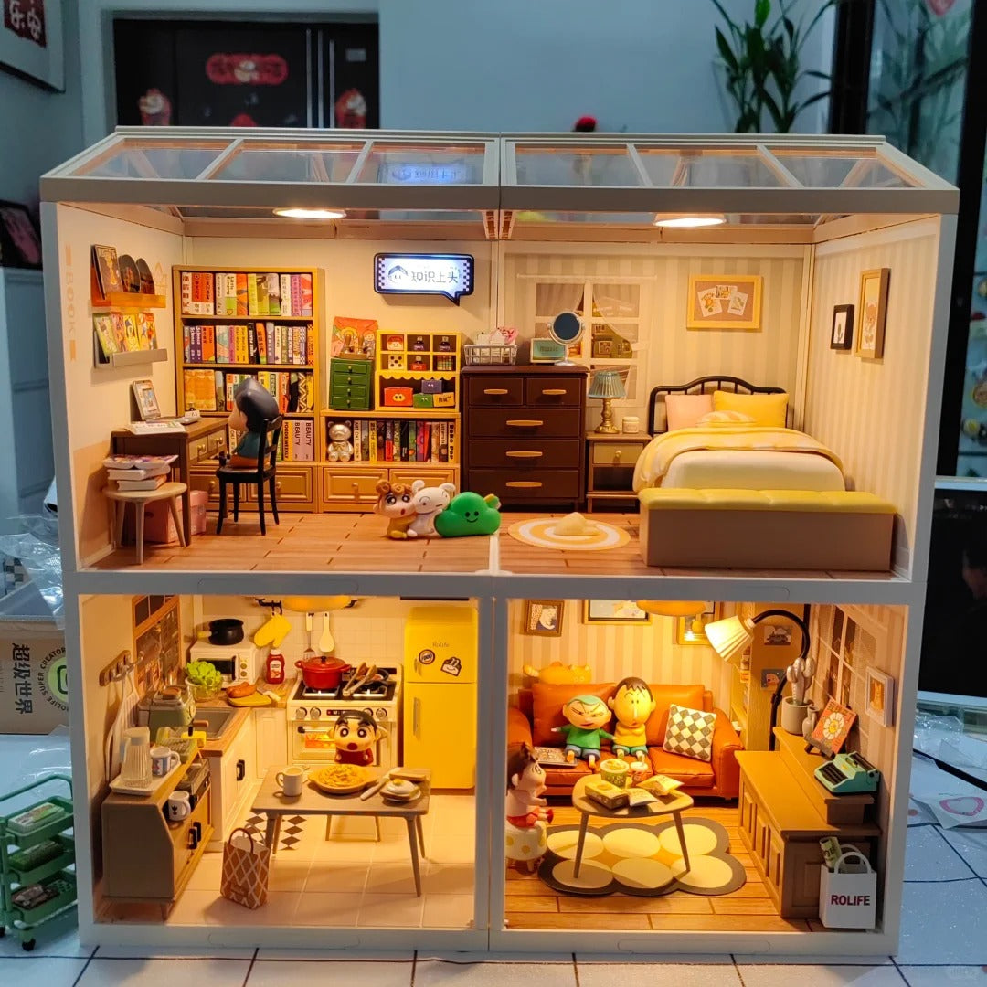 Rolife Super Creator DIY miniature house angled view showing three floors with bedroom loft, study and living room lit