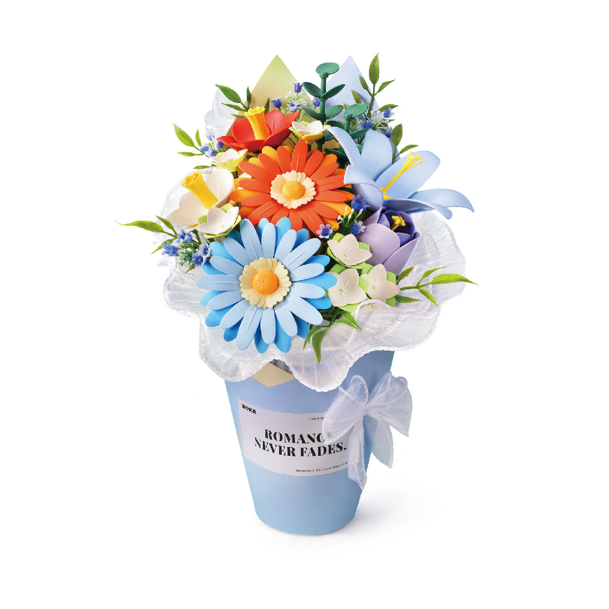Rolife Romance Never Fades completed DIY flower bouquet featuring blue daisies, orange blooms and white petals in light blue bucket pot