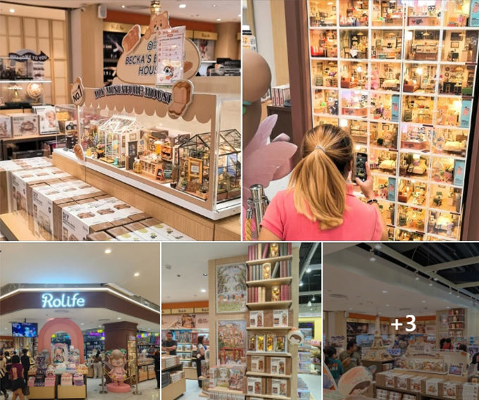Rolife DIY miniature house store retail display collage showing shelves of boxed kits inside a Rolife branded shop with large illuminated wall of completed models