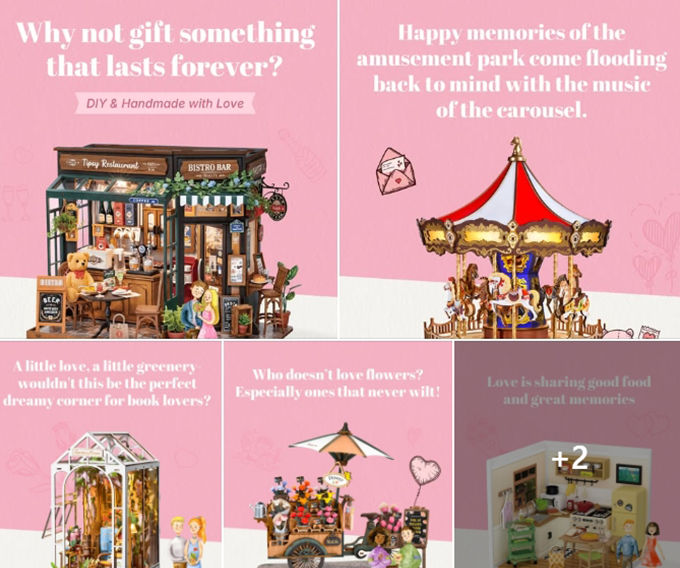 Robotime brand promotional banner showing a Rolife miniature merry-go-round scene and book nook with pastel pink background and gift messaging