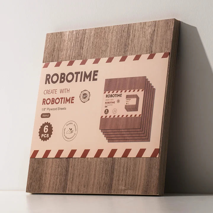 Robotime plywood for laser cutting shown as smooth flat birch panel on white background with visible wood grain texture