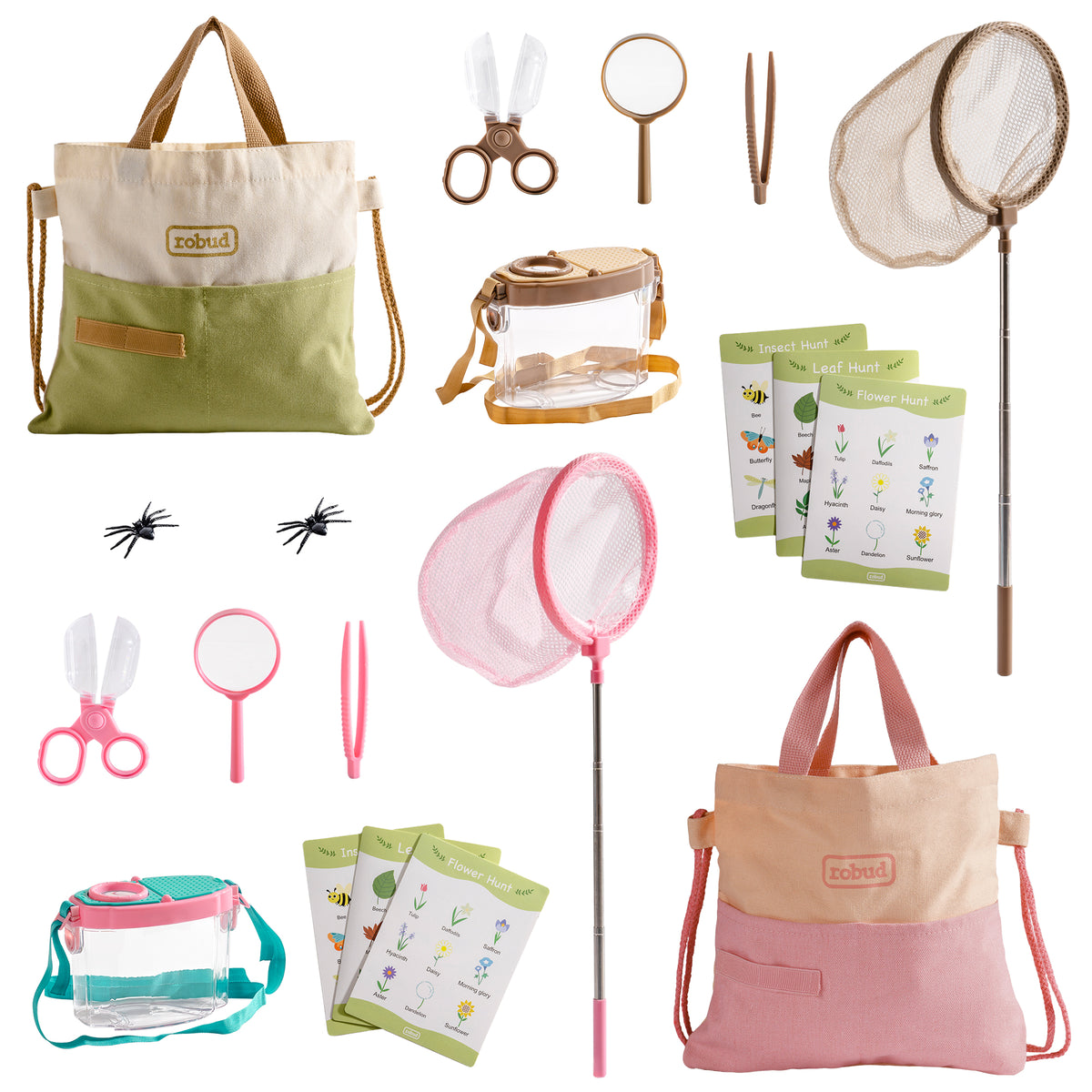 ROBUD pink and green dual explorer kit full contents overview including two bags, two nets, magnifying glasses, tweezers, and guide books