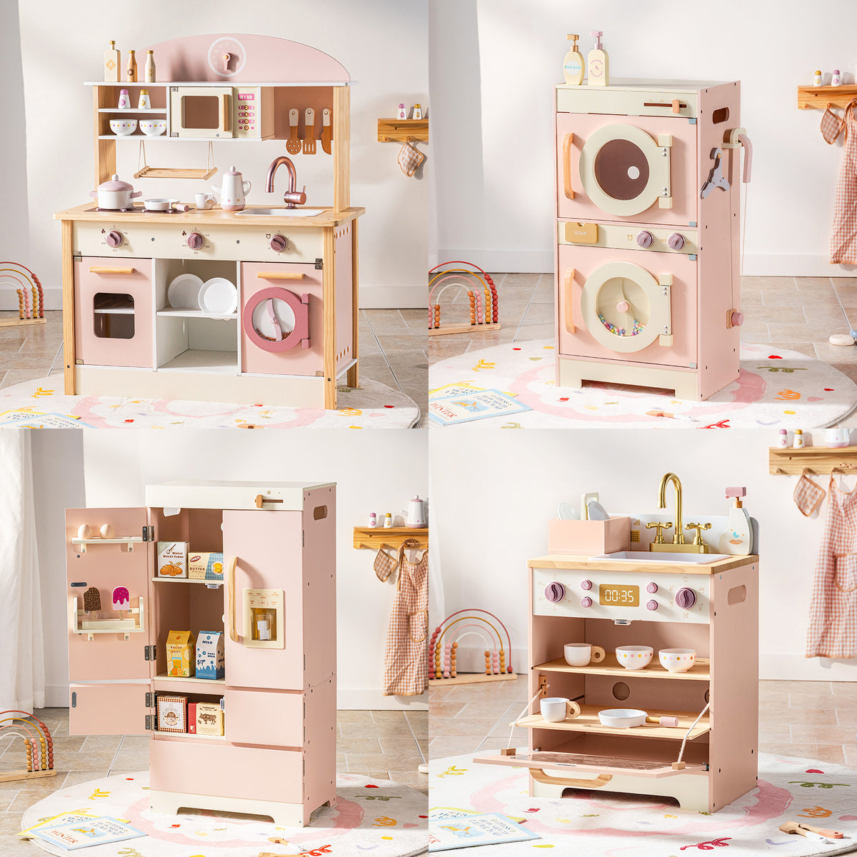 Four-module ROBUD Pink Wooden Kitchen PlaySet components shown side by side including kitchen station and washing machine