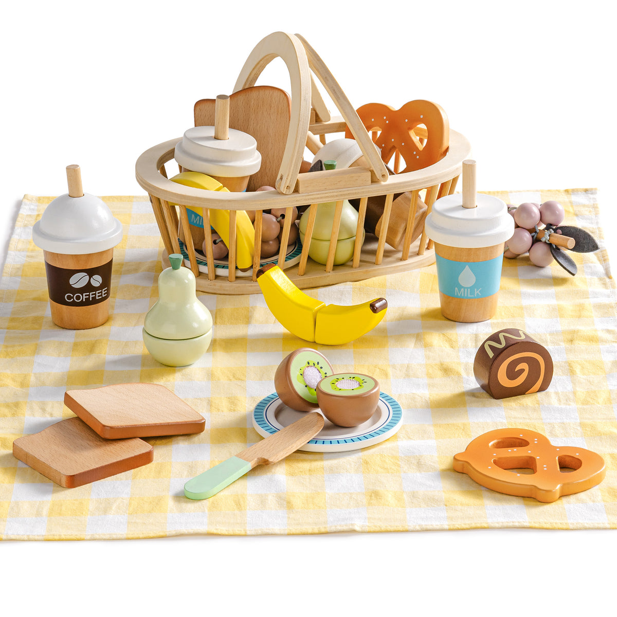 ROBUD Kids Wooden Picnic Play Food Set hero flat lay showing wicker basket with banana, pretzel, cake, coffee cup, toast and all food pieces on yellow cloth