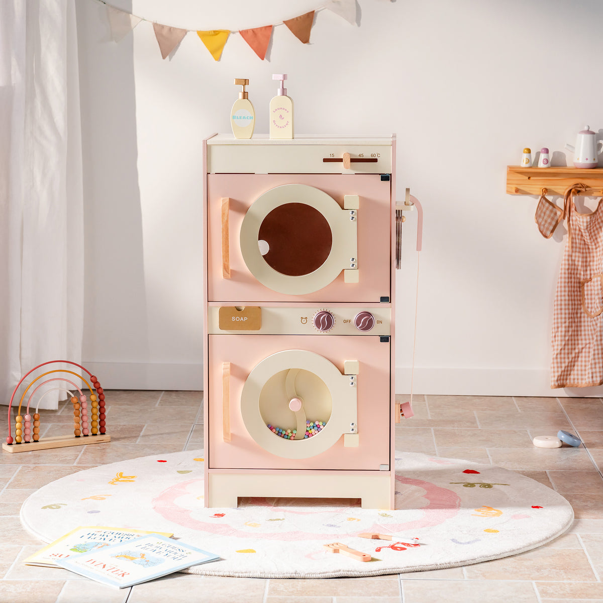 ROBUD Pink Wooden Kitchen PlaySet washing machine and dryer tower unit in pastel playroom setting