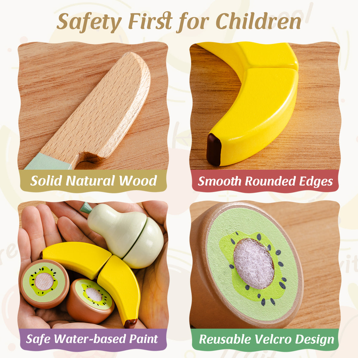 ROBUD Kids Wooden Picnic Play Food Set safety features showing solid natural wood, smooth rounded edges, safe water-based paint and reusable velcro design